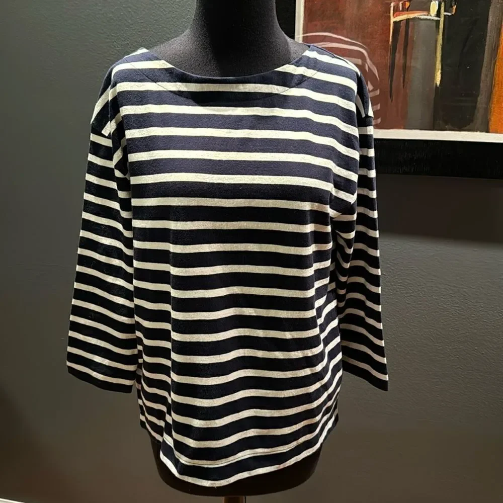 J. Crew dark navy/white stripe button back crew neck top. 3/4 sleeves. Small.
